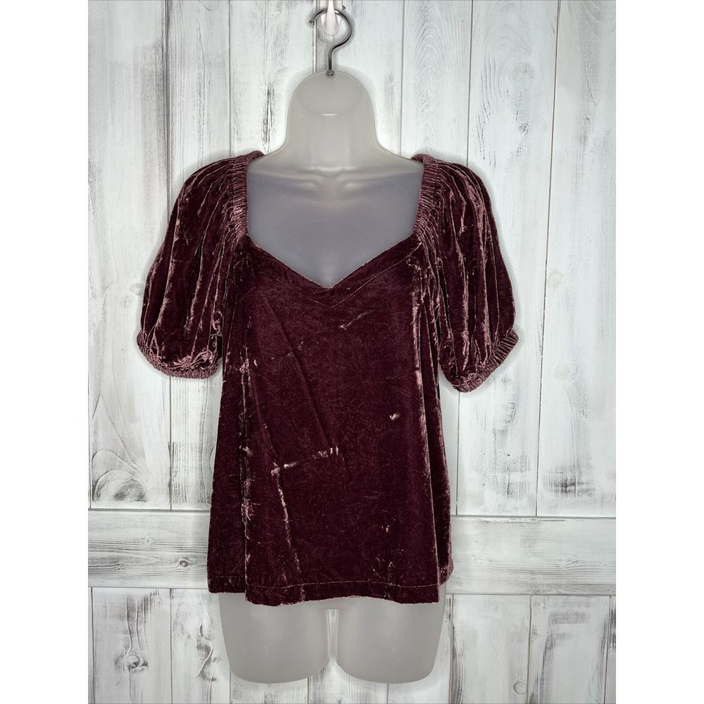 WOMENS ANN‎ TAYLOR LOFT PURPLE CRUSHED VELVET SHORT PUFF SLEEVE V-NECK TOP XS